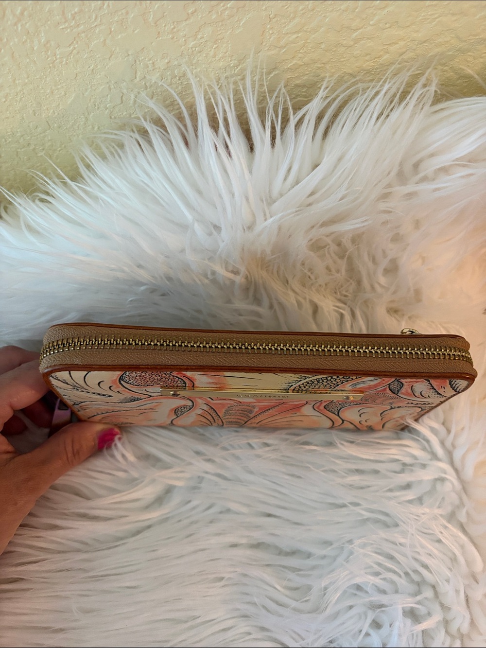 Brahmin Peach Floral Leather Zip Wallet with Gold Bar - Picture 4 of 10